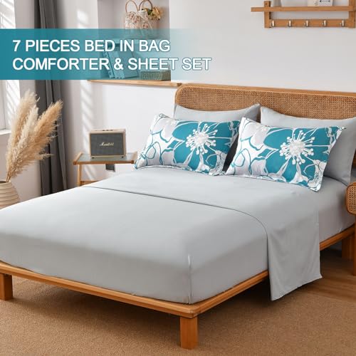 Anibedding Teal Floral Comforter Set King Size 7 Piece, Teal Blue Flower Bed in a Bag, Elegant Botanical Floral Comforter Soft Microfiber Complete Bedding Set for All Season, (Teal, 104"x90") Anibedding