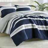 Finlonte Queen Comforter Set, Navy Blue Striped Luxurious Bedding Set, 100% Cotton Fluffy Cozy Comforter, Modern Minimalist Lightweight Quilted Comforter All Season, Navy Blue/Grey/White, 90"x90" Finlonte
