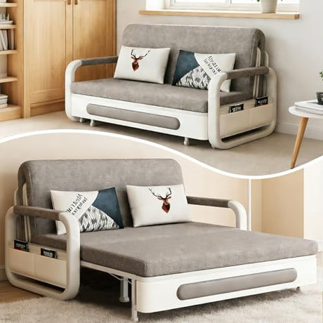 Horseo Pull-Out Sofa Daybed, Foldable Convertible Couch Bed with Hidden Compartment, Solid Wood and Sturdy Metal Frame & Easy Assembly, for Living Room, Guest Room (Light Grey, 50.4"-Standard) Horseo