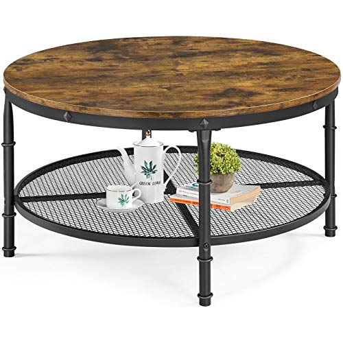 Yaheetech 35.5 Inch Round Coffee Table，Wooden 2 Tier Circle Coffee Table for Living Room, Industrial Coffee Table Set for Small Space, Rustic Brown - WoodArtSupply