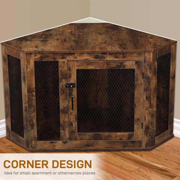 NovaXZ HOBBYZOO Furniture Corner Dog Crate, Lockable Doors, Dog Kennel with Wood and Mesh, Dog Crate for Small/Medium Dogs, Pet Crate Furniture, Dog House, Side End Table, Indoor Use, Rustic Brown