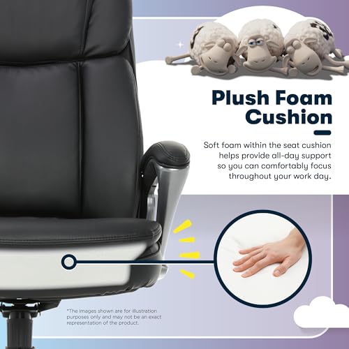 Serta Fairbanks Big & Tall Executive Office Chair, Ergonomic Comfy High-Back ComputerChairs with Lumbar Support, Semi-Plush Seat Cushion, Padded Armrests, Nylon Swivel Base, Bonded Leather, Black Serta