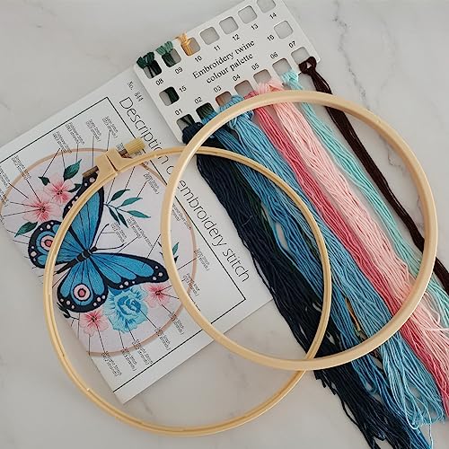 Esffaci Embroidery Starter Kit for Adult Beginner with Blue Butterfly Flowers Pattern Hand Embroidery Set with Cloth Hoop Needle Threader Floss and Instruction