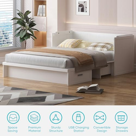CECER Queen Size Murphy Bed with Tri-Folding Mattress，Murphy Bed with Charging Station and Two Large Storage Drawers for Small Spaces/Bedroom（White）-Mattress Include CECER