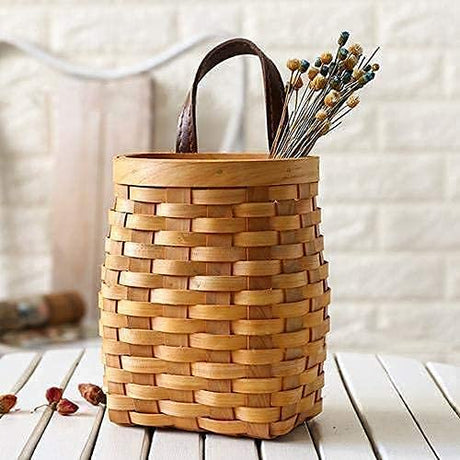 hanging wicker basket Hand-Woven Wood Storage Basket Portable Wall Hanging Flower Basket Organizer Fruit Vegetable Rattan Box Home Decoration Height 6.1in Koolouispoper