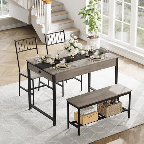 GarveeHome Dining Table Set for 4, Small Kitchen Table and 2 Chairs for 4 with Bench, Space Saving Kitchen Table Set with Storage Rack & Drawers, Breakfast Nook Rectangular Farmhouse Table Set, Grey GarveeHome