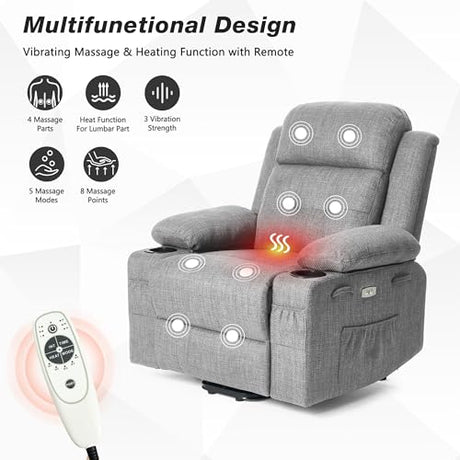 BETISEF Power Lift Recliner Chair for Elderly with Massage & Heat,Linen-Cotton, Electric Recliner with USB Ports, Cup Holders, Side Pockets, Lift Chair for Living Room, Bedroom BETISEF