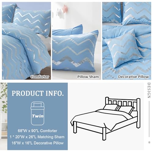 Menghomeus Blue/Silver Comforter Set Twin/Twin XL Size Metallic Print Glitter Bed Comforter Cute Shinny Bedding Sets for Teen Girls Kids, 3 Piece (1 Pillowcase, 1 Decorative Pillow Sham) Menghomeus
