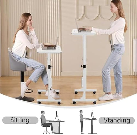 Wintline Adjustable Height Rolling Standing Desk with Lockable Wheels,Compact Laptop Desk for Home Office, Dorm, or Bedroom - 15.75" x31.5” - White Wintline