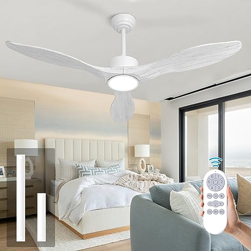 White Ceiling Fan with Light Remote 52in Solid Wood 3Blade 6 Speeds Super Quiet DC Motor 3 Color Light Timing with Memory Function for Indoor Bedroom Living Room Dining Room Outdoor Terrace F - WoodArtSupply