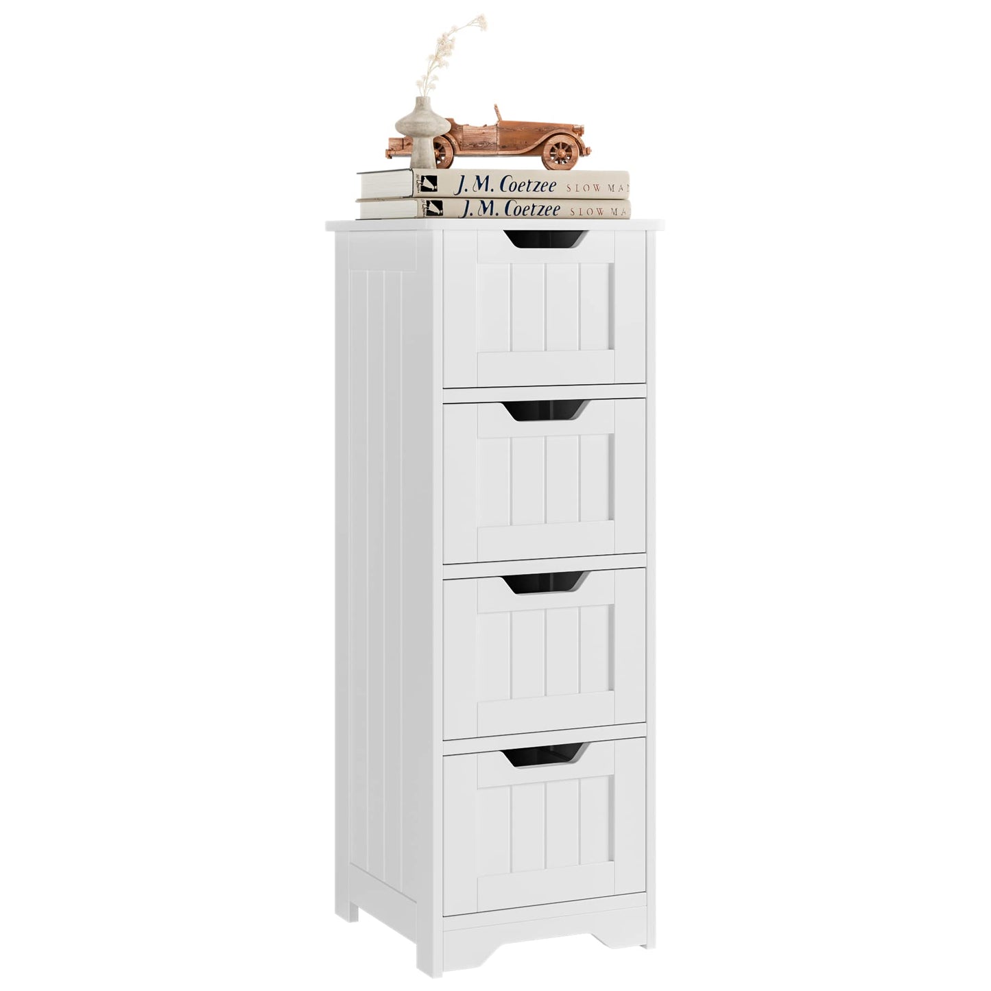 FOTOSOK Freestanding Bathroom Storage Cabinet with 4 Drawers - Compact White Organiser for Home Decor - WoodArtSupply