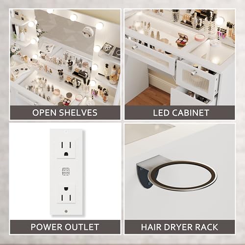 VQRhome White Vanity with Lighted 23.5” Mirror, Glass Top Vanity Desk with 9 Drawers & 3 Color Hollywood Bulbs & 4 Shelves & Acrylic & Power Outlet, Makeup Desk Dressing Table for Bedroom VQRhome