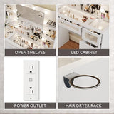VQRhome White Vanity with Lighted 23.5” Mirror, Glass Top Vanity Desk with 9 Drawers & 3 Color Hollywood Bulbs & 4 Shelves & Acrylic & Power Outlet, Makeup Desk Dressing Table for Bedroom VQRhome