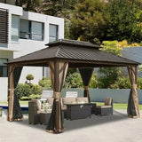 Domi Hardtop Gazebos 10x12FT, Aluminum Metal Gazebo with Galvanized Steel Double Roof Canopy, Curtain and Netting, Permanent Gazebo Pavilion for Patio, Backyard, Deck and Lawn, Brown domi outdoor living