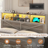 VIAGDO Farmhouse Bed Frame King Size with Bookcase Storage Headboard, Charging Station and LED Lights, Wooden King Bed Frame with 4 Drawers, Barn Door Design, No Box Spring Needed, No Noise, Grey VIAGDO