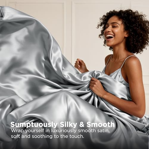 Bedsure Satin Sheets Queen Size - 4 Piece Silky Bedsheets with Elastic Corner Straps and 15 Inches Deep Pocket Fitted Bedsheet,1 Flat Sheet, 2 Satin Pillowcases, Good for Hair &Skin(Queen,Silver Grey) Bedsure