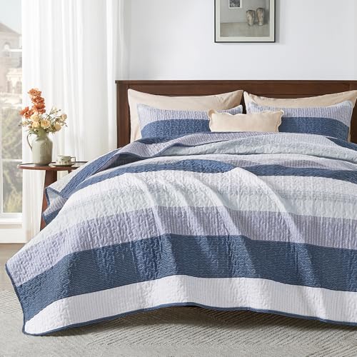 Andency Queen Quilt Bedding Set Mineral Blue, 3 Pieces Patchwork Summer Striped Ultra Soft Lightweight Bedspreads, Coverlets Set with 2 Pillow Shams for All Seasons (90"x96") Andency