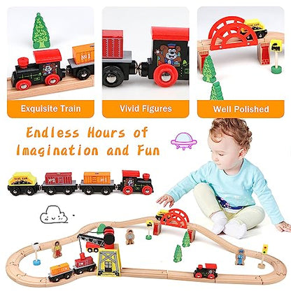 Qilay Wooden Train Set for Toddler - 39 Pcs Wooden Train Tracks with Crane, Bridge & 5 Wooden Trains - Train Toys for 3,4,5 Year Old Boys & Girls - - WoodArtSupply