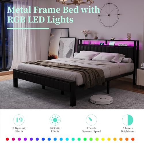 LUXOAK King Size LED Platform Bed Frame with Faux Leather Headboard and Built-in Charging Station - WoodArtSupply