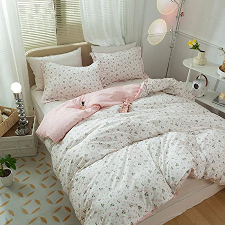 AMWAN Pink Floral Duvet Cover Full Size Cotton Garden Bedding Sets Kids Girls White Comforter Aesthetic Botanical Vintage Flower Print with Zipper Ties, Full (80''x90'') AMWAN