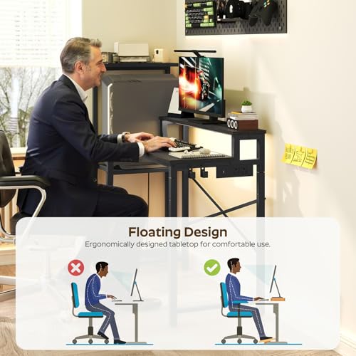 YATINEY Computer Desk with LED Light and Power Outlet, Small Gaming Desk with Monitor Stand, Reversible Game Table with 2 Side Hooks, Home Office Desk for Living Room, Bedroom, Black DN06UDBB YATINEY