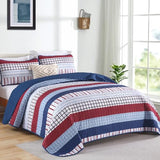 DJY Striped Quilt Set King Size, Red Blue Boho Striped Bedspread Coverlet Set 3 Pieces Lightweight Soft Microfiber Patchwork Quilt Bedding Set for All Season (104"x90") DJY