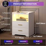 dnbss White LED Nightstand with Charging Station and 24-Color RGB Lights, Smart Night Stand with Human Sensor Lighting, Modern Bedside Table for Bedroom dnbss