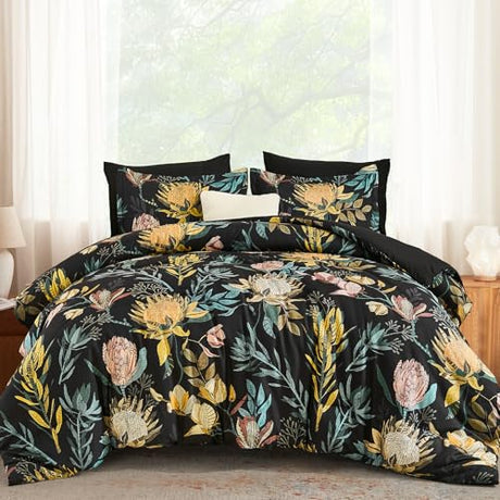 Luxudecor Queen Comforter Set 7 Pieces Bedding Sets, Black Floral Comforter and Sheet Set, Soft Microfiber Bed in a Bag for All Seasons (Black,90"x90") Luxudecor