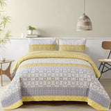 WONGS BEDDING Boho Quilt Set Queen, Yellow Bohemian Striped Patchwork Bedspread Coverlet Set with 2 Pillowcases,Lightweight Microfiber Floral Bedding Set 96"×90" WONGS BEDDING