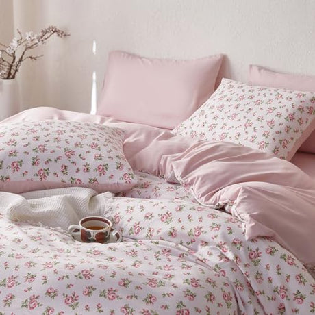 Wake In Cloud - Coquette Duvet Cover Set, Floral Cottagecore Flower Shabby Chic Cute Aesthetic, Soft Lightweight Bedding for Women Teen Girls, 3-Piece, Pink, Full Size Wake In Cloud