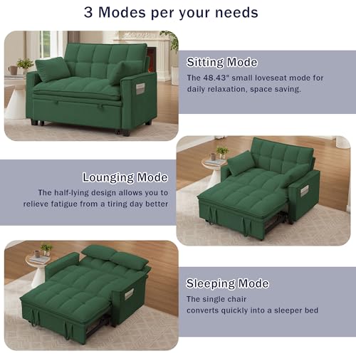 Portaforta Sleeper Sofa with Pull Out Couch Bed, 48" Convertible Pull-Out Sofa Bed Chair, 3-in-1 Futon Couch with Reclining Backrest and Side Pockets for Living Room Bedroom Apartment, Green Portaforta