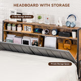 COMHOMA Platform Bed Frame with LED Lights and Charging Station, Storage Headboard and Footboard Drawers, No Box Spring Needed, Rustic Wood Look (Queen) COMHOMA