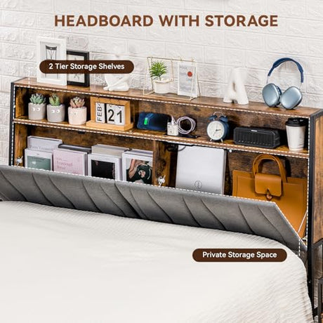 COMHOMA Platform Bed Frame with LED Lights and Charging Station, Storage Headboard and Footboard Drawers, No Box Spring Needed, Rustic Wood Look (Queen) COMHOMA