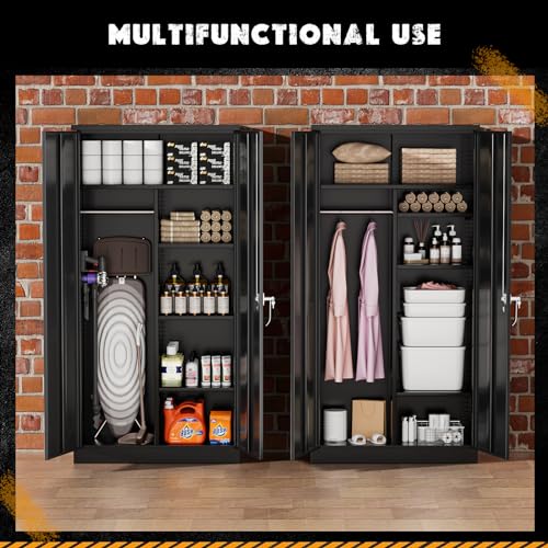 Greenvelly Metal Storage Cabinet with 2 Doors, Black 72” Steel Storage Wardrobe Cabinet, Employees Locker Closet Clothing Coat Steel Wardrobe Cabinet with Hanging Rod for Garage, Gym, Home Office Greenvelly