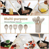 NCUE Kitchen Utensils Set with Holder, 26 pcs BPA Free Non-stick, Wooden Handle Heat Resistance Silicone Spatula Spoon Kitchen Gadgets Cooking Utensils Set (Khaki) NCUE