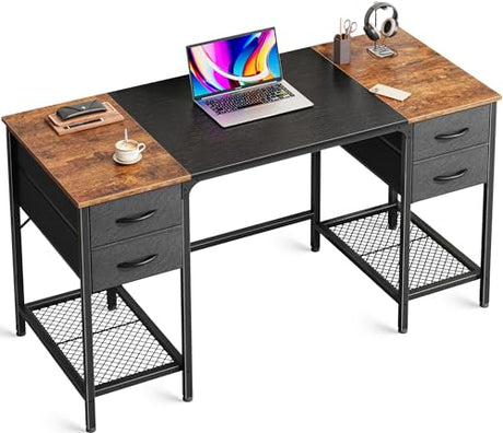 Huuger 47 Inch Computer Desk with 4 Drawers, Office Desk with Mesh Shelf, Gaming Desk, Large Storage, Writing Desk Work Desk for Home Office, Study, Bedroom, Work from Home, Rustic Brown and Black Huuger