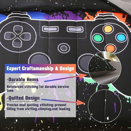 JQinHome Twin Gamer Comforter Sets for Boys&Girls ,6 Piece Bed in A Bag 3D Video Game Bedding -All Season Microfiber Gamer Bedding Sets for Kids, with Pillowcase, Flat & Fitted Sheet,Cushion Cover JQinHome