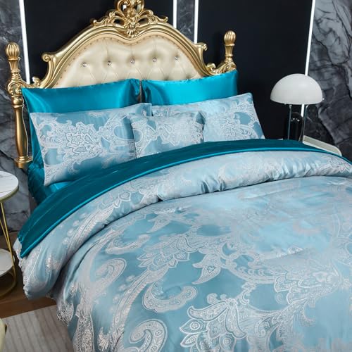 Jacquard Full Comforter Set Peacock Green Sheet Set Satin Bedding Set 8 Pcs Embroidery Neoclassical Floral Bed Home Decor Soft Down Comforter Luxury Hotel Silky Bed in a Bag with 1 Cushion Cover Bedding_Dreamer