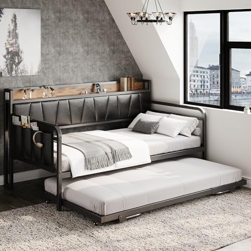 LIKIMIO Daybed with Trundle Bed, Twin Bed Frame with Storage Headboard and Charging Station, Sofa Day Bed with Strong Supports for Living Room, Bedroom, and Guest Room, Black LIKIMIO