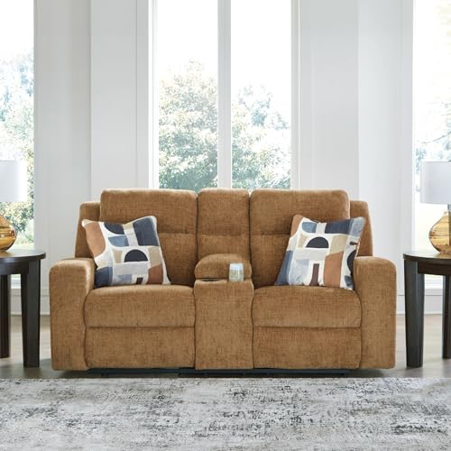 Signature Design by Ashley Kanlow Contemporary Manual Double Reclining Loveseat with Console, Storage, Cup Holders and 2 Accent Pillows, Light Brown Signature Design by Ashley