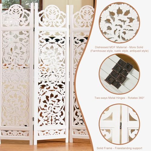 5.75Ft Room Divider Wood Screen, 33Lbs Durable MDF Carved Rustic Style Headboard, Reversible Freestanding Folding Partition Paravent for Home, 69 * 71 inch(H*W) - 4 Panels (Rustic White) Svimi