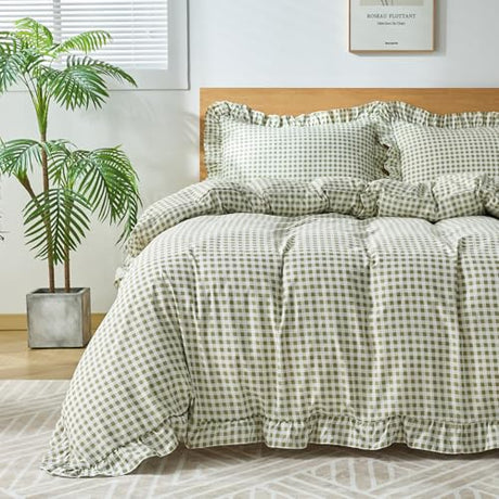 kisswish Gingham Duvet Cover Queen Size, 3 Pieces Soft Breathable Microfiber Plaid Comforter Cover with Zipper Closure & 2 Pillow Shams, Ruffle Farmhouse Vintage Decor, Sage Green kisswish