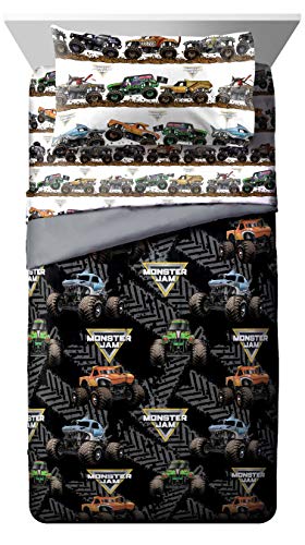 Jay franco Monster Jam Tracks 4 Piece Twin Bed Set - Includes Comforter & Sheet Set - Bedding Features Grave Digger & Megalodon - Super Soft Fade Resistant Microfiber (Official Monster Jam Product) Jay Franco