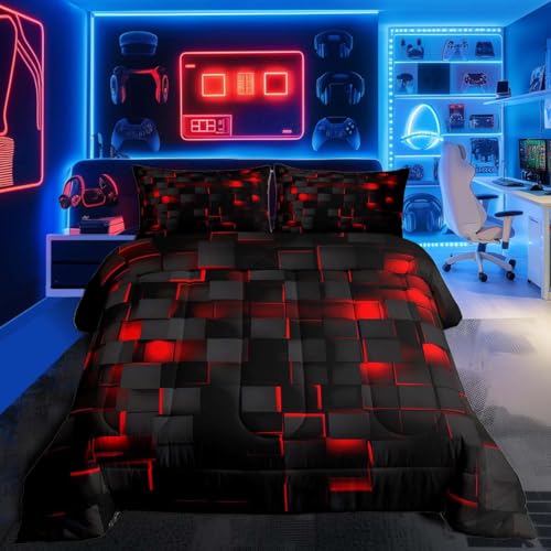 Feelyou Red and Black Bedding Set Full Size Light Geometric Comforter Set for Kids Boys Girls Decor Comforter Modern Duvet Set Feelyou
