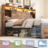 TIGUBFRE Full Bed Frame with 4 Drawers Bookshelf Headboard, Farmhouse Bed Frame with Charging Station & LED Lights, Metal Slats Support, Noise Free, No Box Spring Needed Rustic Brown TIGUBFRE