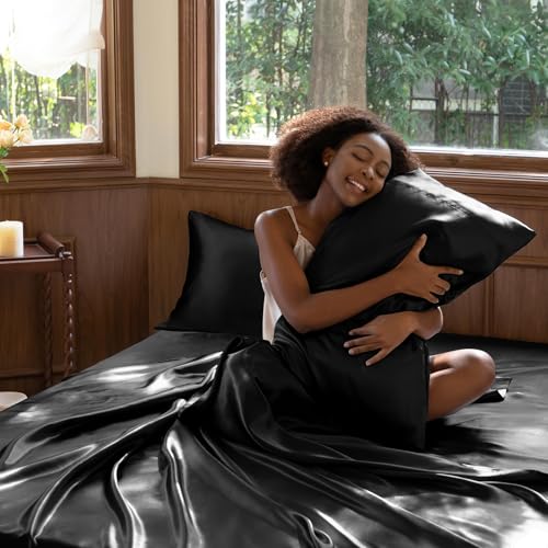 CozyLux Satin Sheets Full Size Sheets - 4 Piece Silky Full Size Bed Sheets, Luxury Black Full Bed Set with Smooth and Soft Microfiber, Includes 1 Fitted Sheet, 1 Flat Sheet and 2 Pillowcases CozyLux