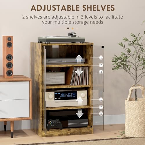 HOMCOM Media Cabinet, 4-Tier Stereo Cabinet, Record Player Stand with Vinyl Record Storage, Adjustable Shelves, Tempered Glass Doors and Cable Management, Rustic Brown HOMCOM