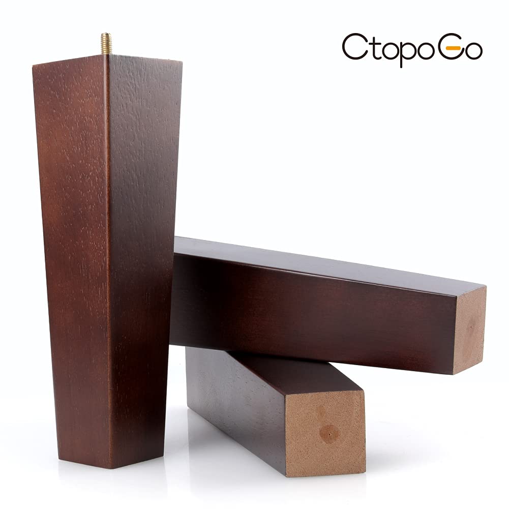 8 Inch Wood Furniture Legs, Wooden Couch Sofa Leg Feet Set of 4, Mid-Century Modern Walnut Square Replacement Legs for Sectional Nightstand Armchair Recliner Table Dresser Sideboard CtopoGo