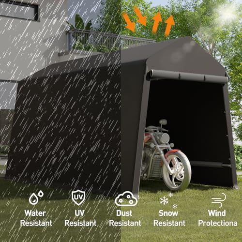 7X12 Ft Outdoor Portable Storage Shelter Shed with Rolled Up Zipper Doors & Vents, Heavy Duty Carport for Motorcycle Waterproof and Uv Resistant Anti-Snow Portable Garage Kit Tent, Black Hipicute
