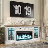 RNLRNL Fireplace TV Stand Up to 80" TVs, 70'' Modern Entertainment Center with 36" Electric Fireplace & LED Lights, Farmhouse Media Console with Storage Cabinet & Drawer for Living Room, Antique White RNLRNL